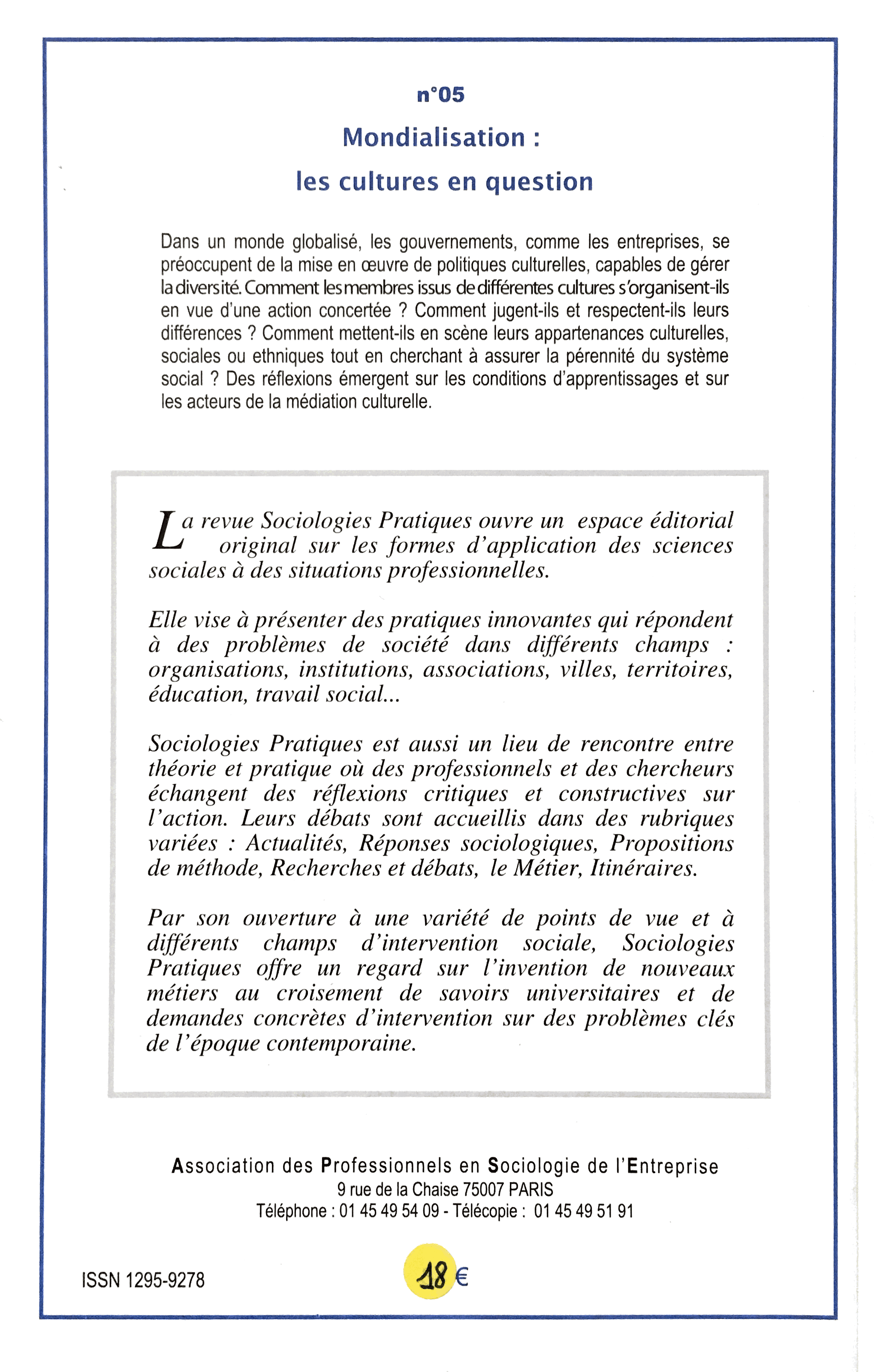 Sociologies pratiques Numéro 5 4ème de couverture